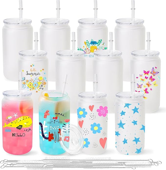 Joyclub 12 Pack Sublimation Cups 16 OZ Frosted Glass Cans Blanks with Clear Lids Mason Jars for Iced Coffee Beer Juice and Soda Drinks