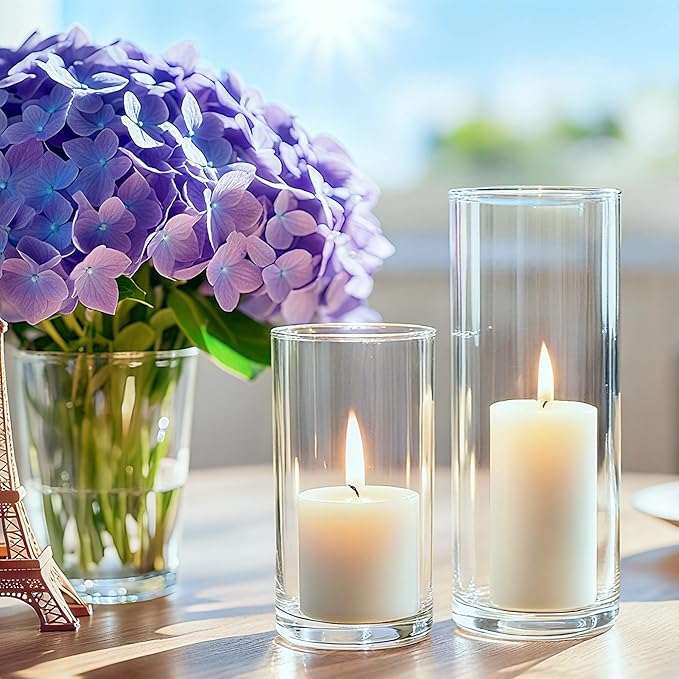 24 Pcs White Pillar Candles and Glass Cylinder Vases Clear Glass Pillar Candle Holders Hurricane Glass Candle Holders for Table Centerpieces Wedding, Party, Event, Home Office