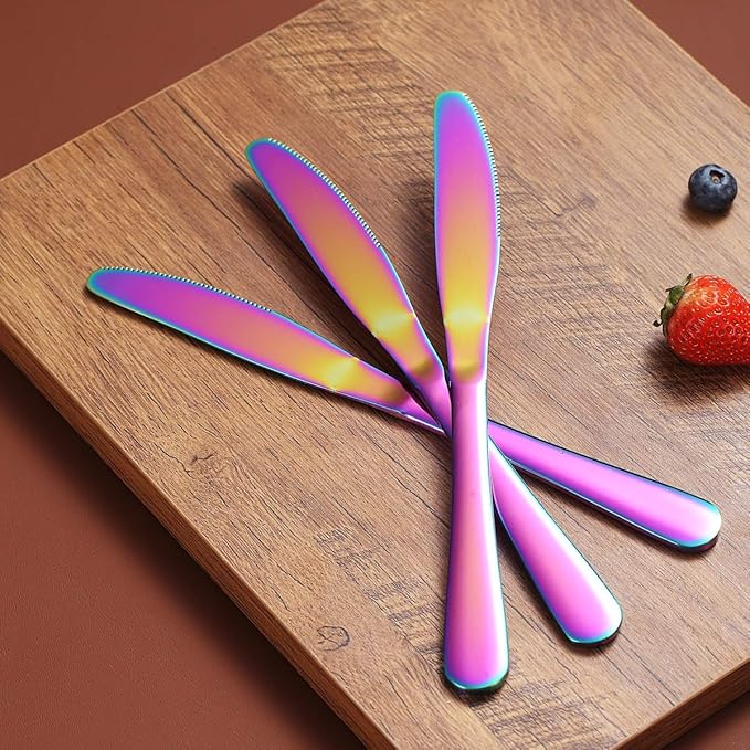 Berglander Rainbow Dinner Knives Set Of 4, Stainless Steel Titanium Plating Shiny Colorful Dinner Knife, Mutil Color Butter Knife Spreader Table Knives Sturdy And Dishwasher Safe
