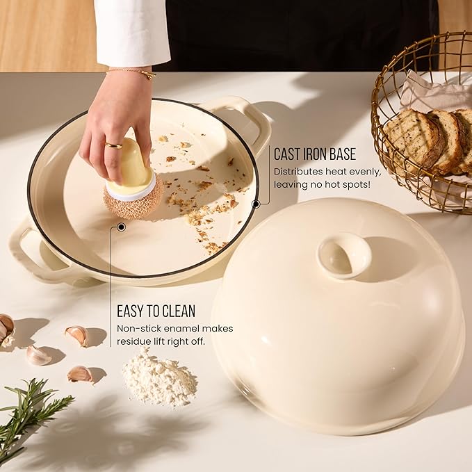Kook Bread Oven, with Lid and Handles, Enameled Cast Iron Pan and Ceramic Lid, For Baking, Cooking, Roasting and more, Ivory