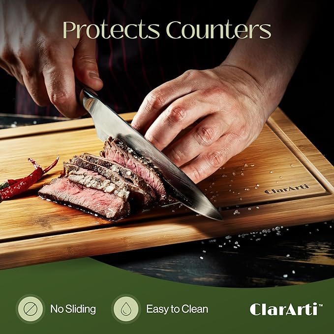 ClarArti - Organic Bamboo Cutting Boards for Kitchen – Set of 3 Non-Toxic Wood Cutting Board with Non-Slip Design – Durable Anti-Slip Bamboo Boards for Chopping & Serving
