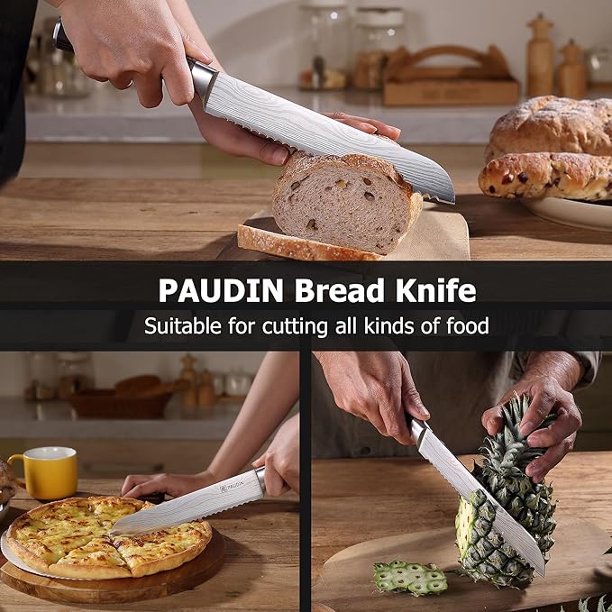 PAUDIN Bread Knife 8", Ultra Sharp Wave Edge - Forged Premium German HC Stainless Steel, Serrated Bread Knife for Homemade Bread and Sourdough Bread, Pakkawood Handle