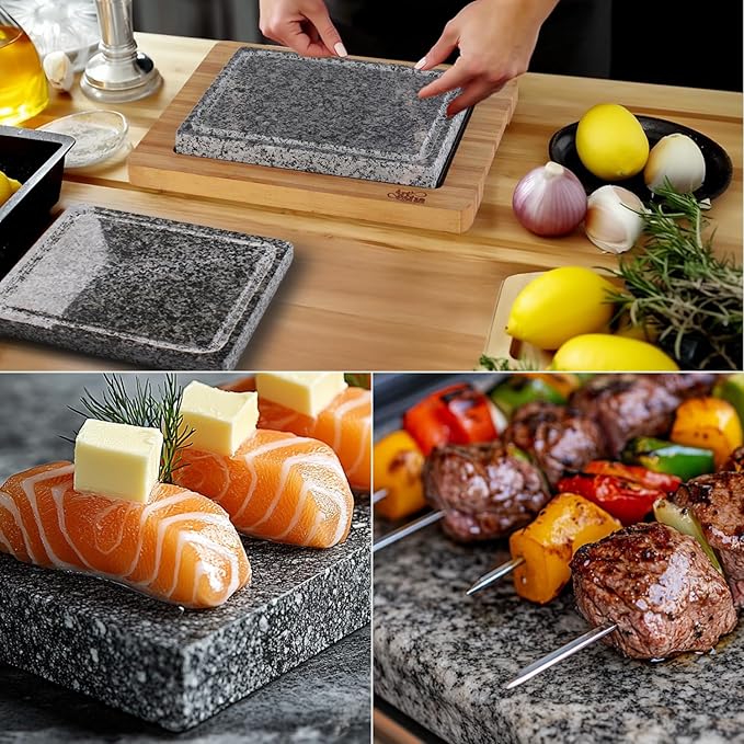 Artestia Steak Stone Grill Set with 2 Granite Stones & 1 Bamboo Tray – Restaurant-Style Hot Stone Cooking Set for Sizzling Steak, BBQ, Hibachi, Indoor Tabletop Grilling