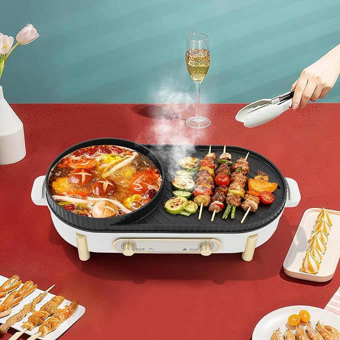 Hot Pot with Grill, 2 in 1 Indoor Non-Stick Electric Hot Pot and Frying Pan, Dual Temper Control, Fast Heating for BBQ Steaks, Portable Multifunct BBQ Grill for Outdoor Party (C-Round Pot)
