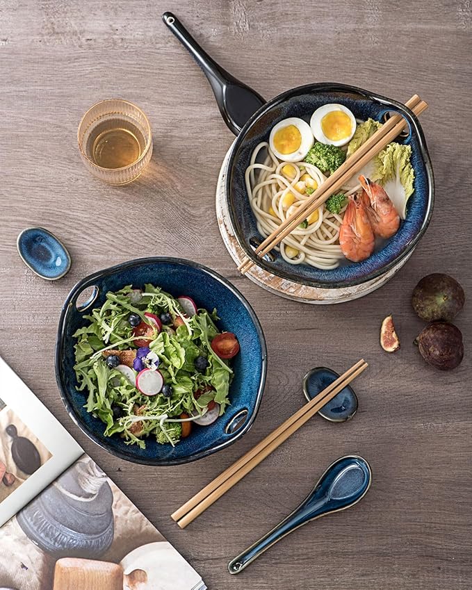 UNICASA Japanese Ramen Bowl Set with Chopsticks, Spoons and Rests, 26oz Deep Porcelain Noodle Bowl Set of 2 for Udon, Pho, Salad, Soup (Reactive Blue)