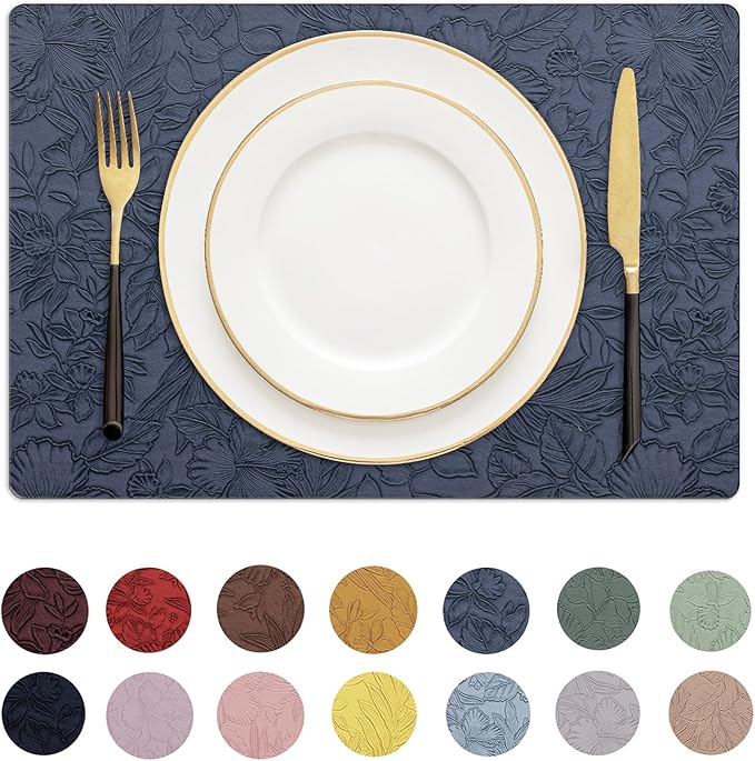 Romanstile Vinyl Placemats Set of 6-12 X 17 Inch - Heat Resistant Non-Slip Embossed Floral Place Mats 100% Waterproof Oilproof Wipeable Faux Leather Table Mats for Kitchen/Dining/Party, Navy Blue