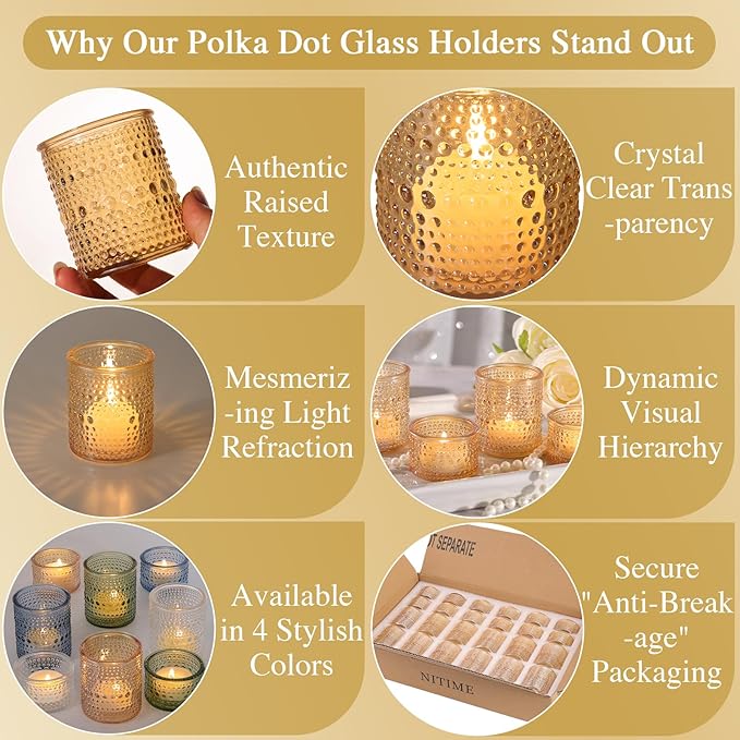 24pcs Gold Assorted Votive Candle Holders, Polka Dot Tea Light Candle Holder Glass for Wedding Centerpieces, Gold Candle Holder for Table Centerpiece, Party, Holiday and Home Decor