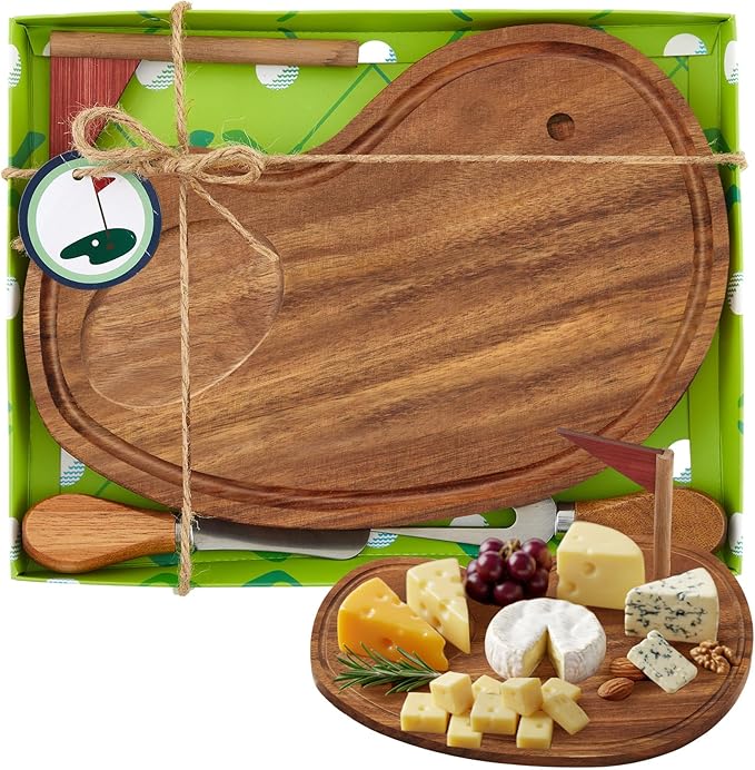 Ziliny Golf Cheese Board Gift Set Party Favor Prizes Charcuterie Wood Board with Knives and Box Father Day Gift for Dad Grandpa Party Tournament Game(9.8" x 7.7", Acacia Color)