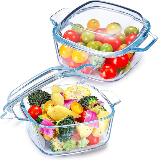 NUTRIUPS 2-Pack Square Glass Casserole Dish with Lid, 1L Mini Glass Casserole Cookware for Oven, Single-Serve Deepened Baking Dish