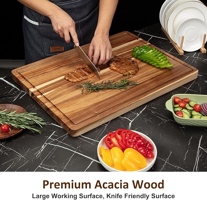 LinTimes Acacia Wood Cutting Board with Grip Handle - Serving Board, Cheese Board, Chopping Board 24"L *18"W Inches, Durable Lightweight Kitchen Essentials for Meat, Vegetables, Ideal Gift