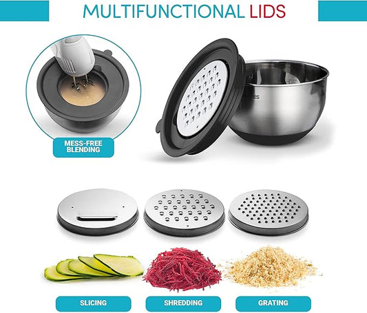 Mixing Bowls with Airtight Lids - 8PCS Stainless Steel Nesting Mixing Bowls Set with 3 Grater Attachments & Non-Slip Bottoms, Kitchen Bowls, Sizes 5, 4, 3.5, 2, 1.5QT for Baking & Food Prep (Black)