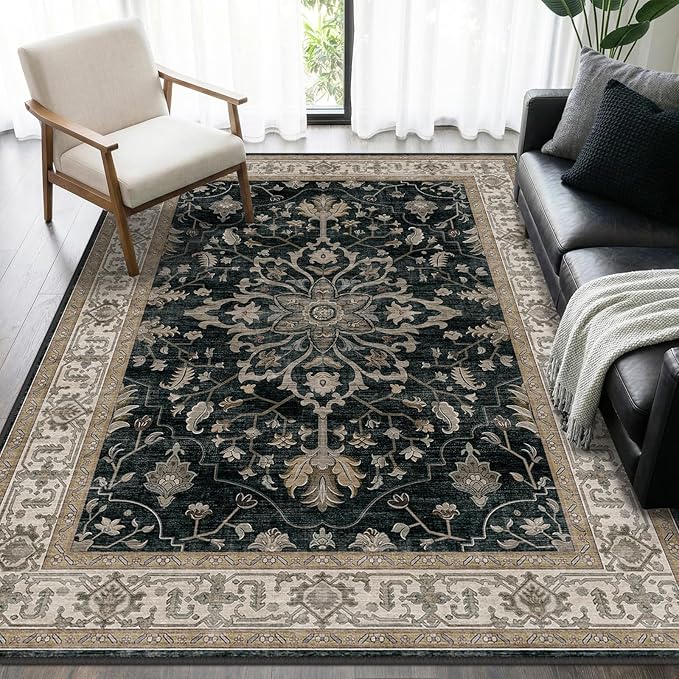Area Rugs 5'x7' Washable Non-Slip, Floral Vintage Distress Print Pattern Medallion Carpet for Living Room Bedroom Dining Room, Vintage Black Brown Neutral