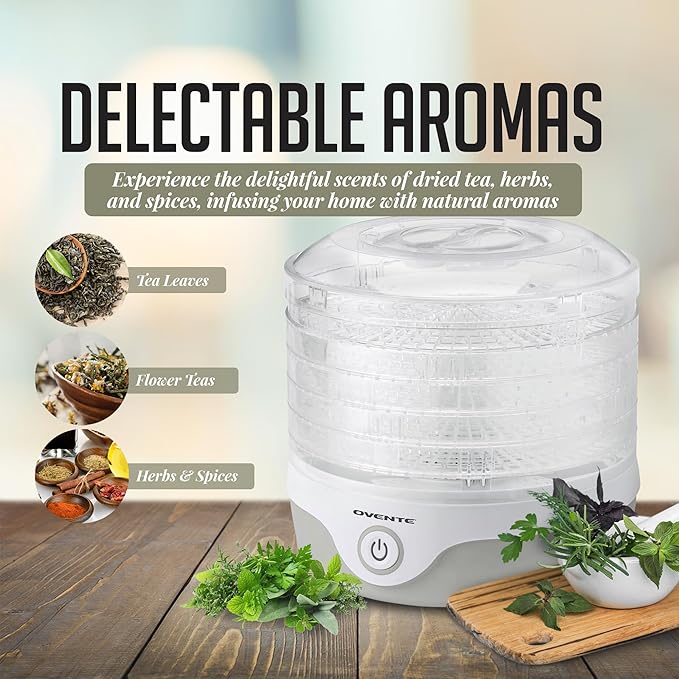 OVENTE Food Dehydrator Machine with 5 Stackable Clear Trays and Drying Space, 240W Electric Food Preserver and Dryer for Snacks, Beef Jerky, Fruits, Veggies, Yogurt and Herbs, Grey DF215GY