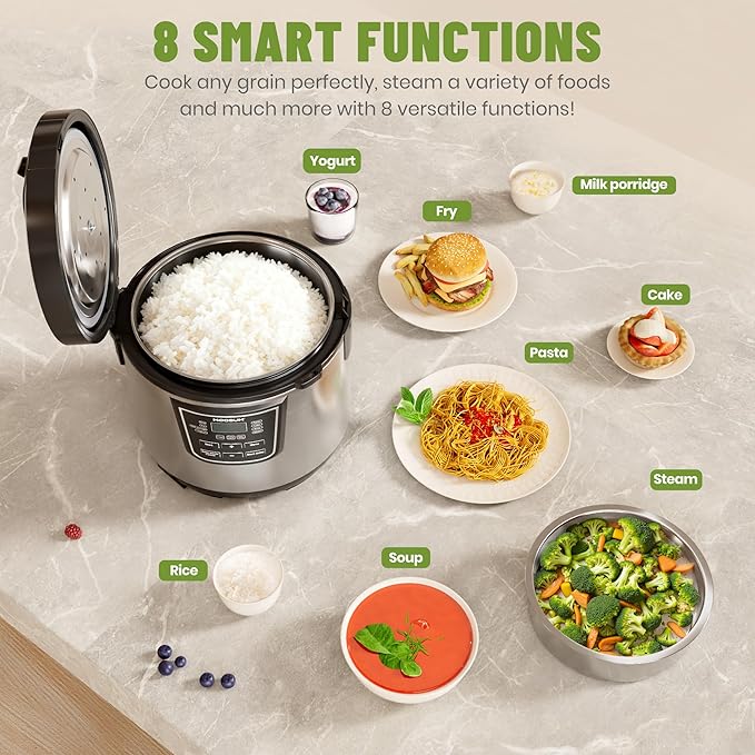 MOOSUM 20 Cup Cooked (10 cup uncooked) Rice Cooker with 8 Functions, Healthy Cooking Stainless Steel Pot & Steamer, Removable Inner Cover, Silver