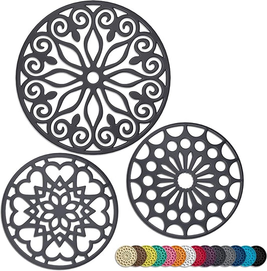 3 Set Silicone Trivet Mats with 1 Extra Large Included | Intricately Carved Insulated Flexible Durable Non Slip Thick Round Premium Trivets for Hot pots and Pans | Dark Gray