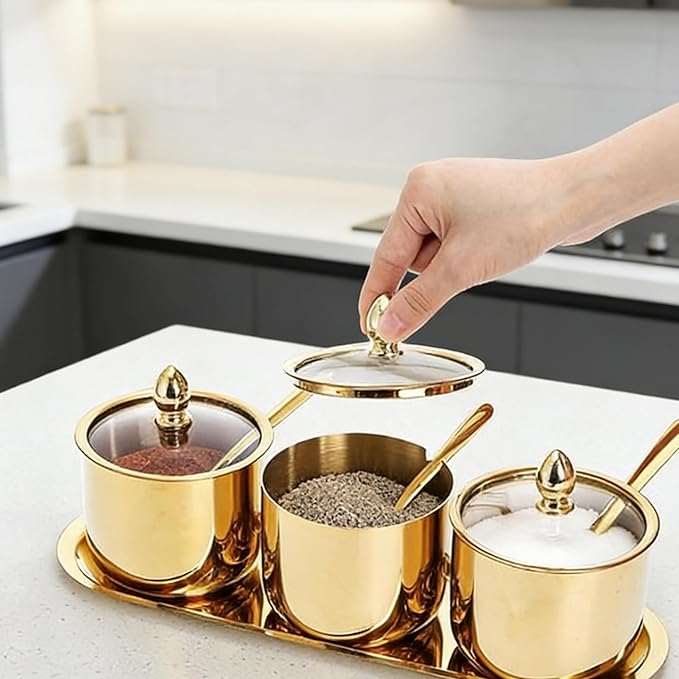 Sugar Bowl Set - 3 Grid Condiment Jars with Glass Lids & Spoon、Reusable Stainless Steel Canisters with Tray for Sugar, Spice, Salt - Stylish Kitchen Storage Containers