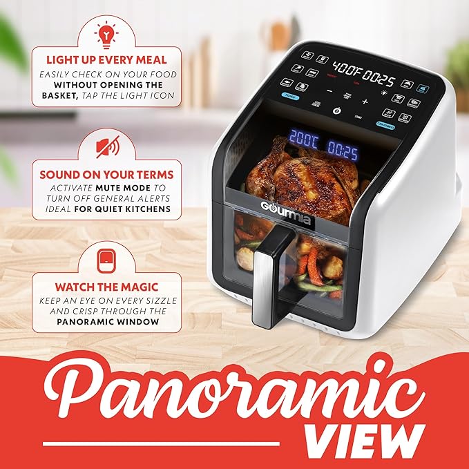 Gourmia Air Fryer 7 QT - Easy View Panoramic Window & Interior Light, Guided Cooking with 12 One-Touch Presets, FryForce 360, Dishwasher Safe Accessories, White