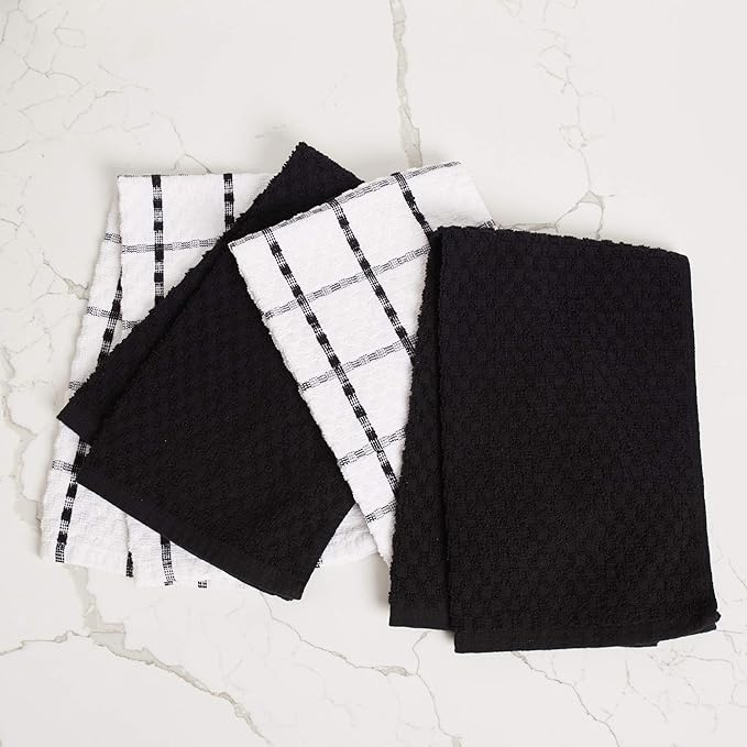 Kitchen Towels - Dish Towels and Dish Cloths - Hand Towel and Dishcloths Sets - 100% Soft Ring Spun Combed Cotton - Great for Cooking in Kitchen or Household Cleaning - Size 15" x 25" (Black, 24)