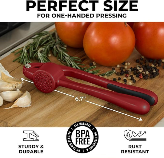 Zulay Kitchen Premium Garlic Press - Durable Garlic Masher with Soft, Easy to Squeeze Handle - Garlic Mincer Tool - Sturdy Easy to Clean Garlic Crusher (Red)