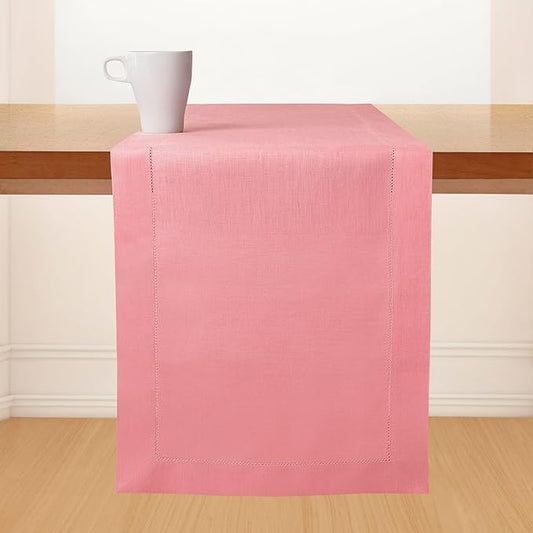 D'Moksha Homes Linen Dusty Pink Table Runner 90 Inches Long - Classic Hemstitch 100% Pure Linen Dining Table Runner 14 x 90 Inch for Valentines, Spring, Easter