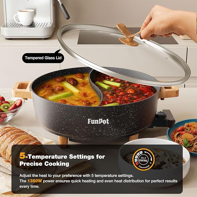 FunPot Electric Twin Compartment Hot Pot with Divider, Diamond grid embossed base, 1350W Temperature control, Large 6-Litre Capacity, Compact Woodgrain handles with Hollow Design