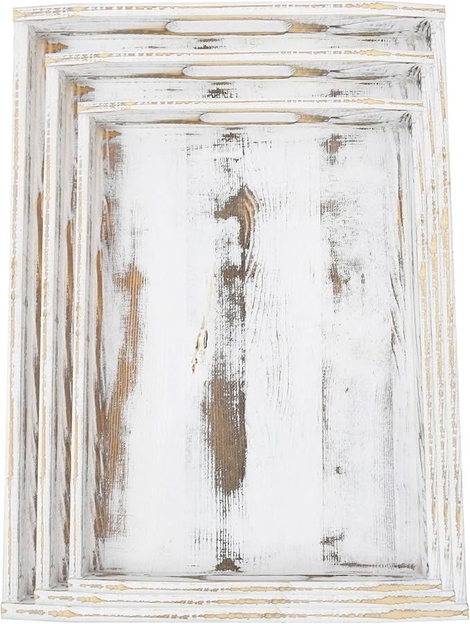 Owlgift Rustic White Wood Serving Trays with Brass Metal Wrap Accents, Set of 3