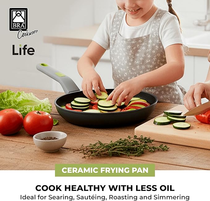 BRA COOKWARE Life Ceramic Nonstick Frying Pan | 9.5 Inch Recycled Cast Aluminum Skillet | Ceramic Non-Stick Fry Pan | PFOA Free Searing Skillet | All Cooktops (incl. Induction) | Soft-Touch Handle