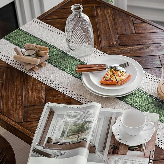 Alynsehom Macrame Table Runner Cream Beige and Green Boho Table Runners with Tassels Hand Woven Cotton Table Runner Rustic Farmhouse Table Runners for Bohemian Kitchen Dining Table(12x95in)