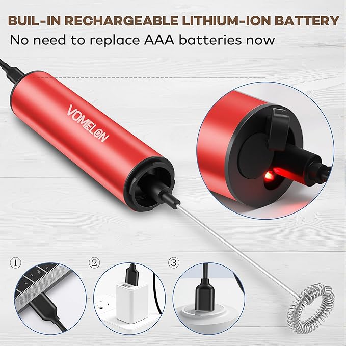 VOMELON Milk Frother, Rechargeable Battery Operated Frother for Coffee,Portable Drink Mixer with 2 Stainless Steel Whisk Heads,Milk Foamer for Keto Coffee, Latte, Cappuccino, Hot Chocolate,Rube Red