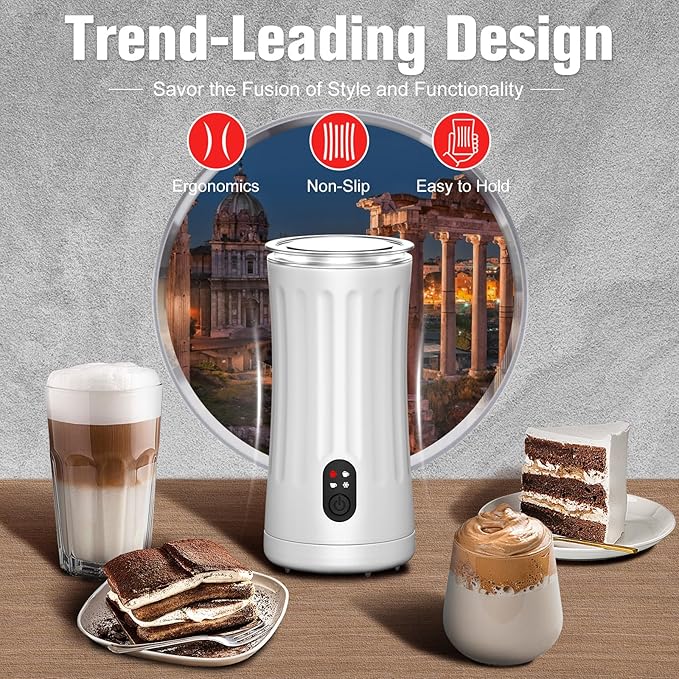 CookSwift Milk Frother, 4-in-1 Milk Steamer and Frother, 8.1oz/240ml Automatic Warm and Cold Foam Maker, Auto Shut-Off Frother for Coffee, Latte, Cappuccino, Macchiato(White)