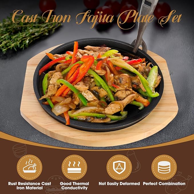 Mimorou 4 Set 10.3 Inch Cast Iron Fajita Plate Set with Wooden Base Anti Scald Protection Removable Handle Fajita Plate Sizzling Pan Cast Iron Skillets Sets for Home Restaurant Kitchen BBQ Cooking