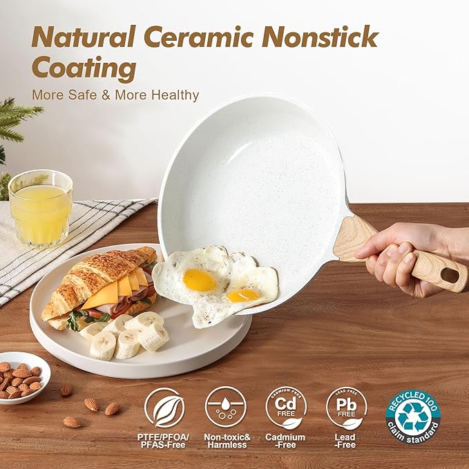 SENSARTE Nonstick Frying Pan Skillets, White Ceramic Coating Omelette Pans, Healthy Cookware Chef's Pan, Free of Intentionally Added PTFE & PFAS (10+12 Inch)