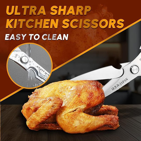 HUUSK Kitchen Scissors Set Silver - Upgraded Stainless Steel Kitchen Shear, Sharp Meat Scissors Dishwasher Safe, Heavy Duty Poultry Shears, Japanese Cooking Scissor for Food, Christmas Gifts for Women