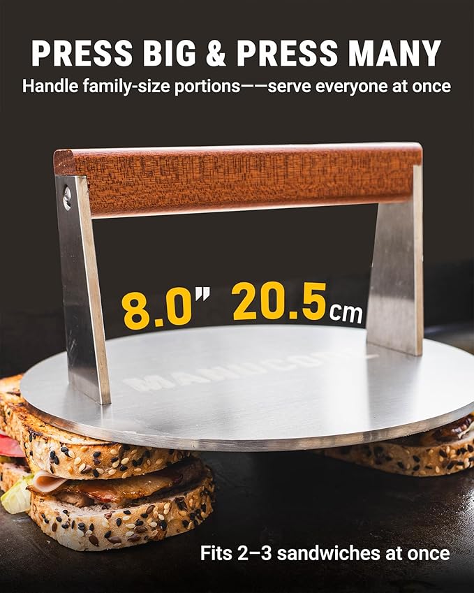 Manucode Smash Burger Press 8 Inch, 3.1 Lb Burger Smasher, Heatable for Searing Panini, Steak, Chicken, Salmon, Stainless Steel Bacon Press, Flat Bottom, Seasoning Free, Wooden Handle No Spin