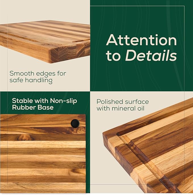 EZ FURNITURE 3-Piece Acacia Wood Premium Cutting Board Set with Extra Stand, Pre-Oiled Edge Grain with Juice Groove & Handles, Non-Slip Feet, Suitable for Meat & Vegetables, Non-Toxic