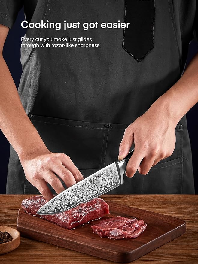Knife Set, D.Perlla 15 Pieces Kitchen Knife Set with Built-in Sharpener, High Carbon Stainless Steel Knife Block Set with Unique Waved Pattern, Triple Riveted Ergonomic Handle, Black