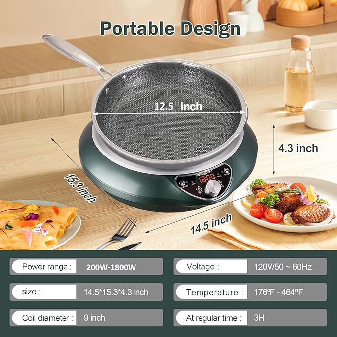Abangdun Induction Cooktop with Skillets1800W 120V Burner Cooker Nonstick Flat Pan Electric Stove Hot Plate Heat Evenly Fry Pan for Steak