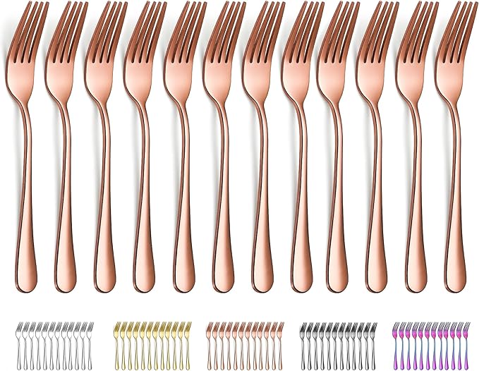 Evanda Rose Gold Dinner Fork 12 Pieces, Rose Gold Titanium Plating Stainless Steel 8.07inch Forks, Cake Forks, Table Forks,Dessert Forks, Easy To Clean, Dishwasher Safe