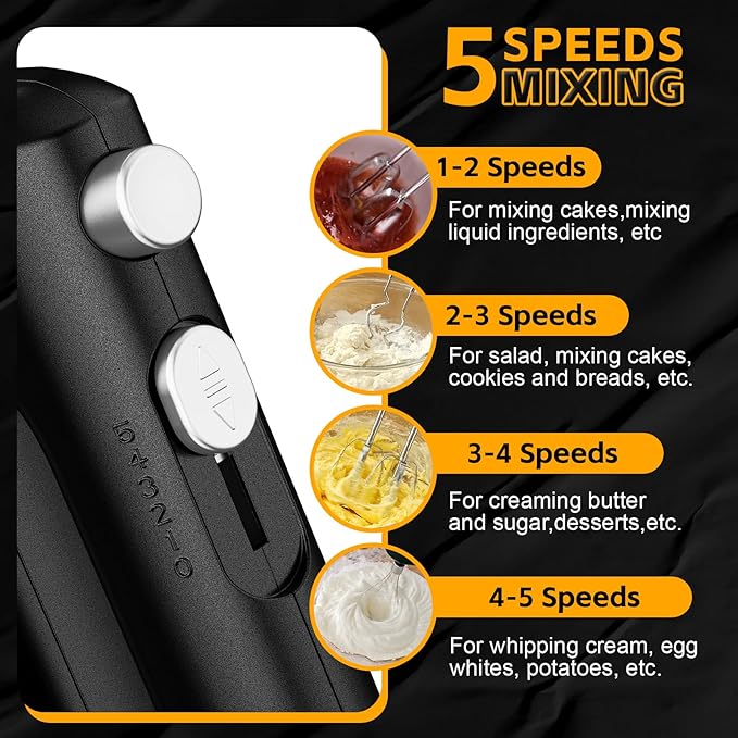 Lord Eagle 5-Speed Hand Mixer Electric Heldhand, 300W Compact Mixer for Baking, Egg Beater, Blending or Cooking, Portable & Lightweight, 5 Accessories, Black
