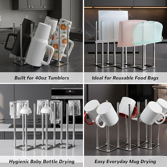 Water Bottle Drying Rack, Cup Drying Rack for Counter, Stainless Steel Tumbler Dryer Stand, Space-Saving Mug & Glass Drying Rack, Heavy-Duty Holder for Cups & Water Bottles (Silver – 10 Pegs)
