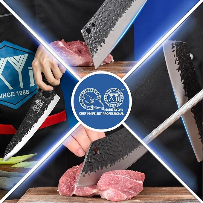 XYJ Professional Kitchen Knife Set with High-Carbon Steel Forged Blades, Chef's Knife, Cleaver, Carving Knife, Nakiri, Full Tang Design, Includes Carrying Bag & Poultry Scissors