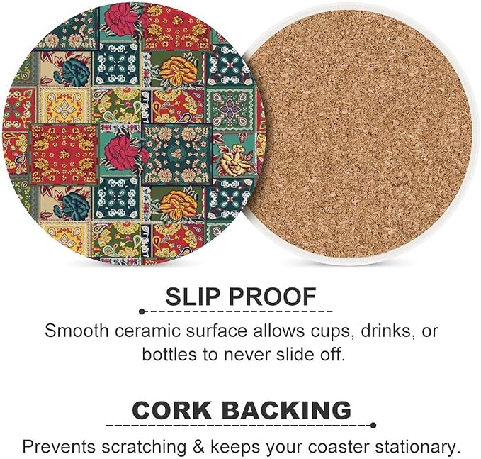 Round-4PCS Floral Drink Coasters, Round Modern Ceramic Absorbent Coasters, Abstract Perris Flower Nature Plant Colorful Boho Floral Decor Desk Coffee Table Coaster for Beverage Cup Tea Coasters