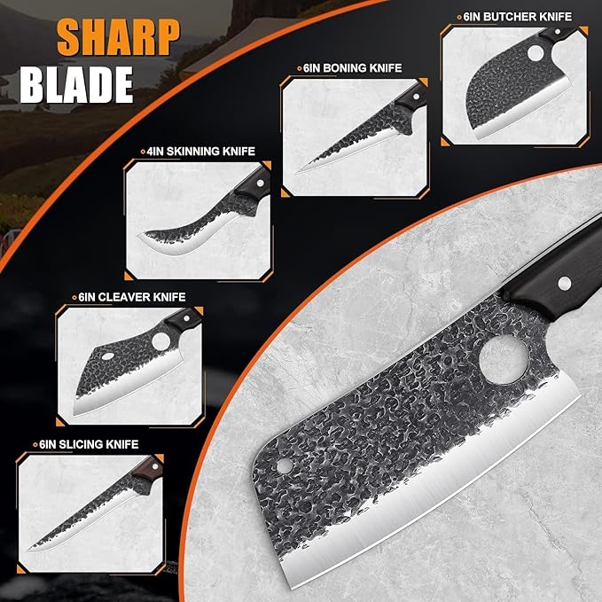 TAN REN 17PCS Butcher Knife Set with Bag, High Carbon Steel BBQ Knife Set for Meat Cutting, Hand Forged Serbian Chef Knives for Men Home & Outdoor Cooking, Christmas Gifts for Men