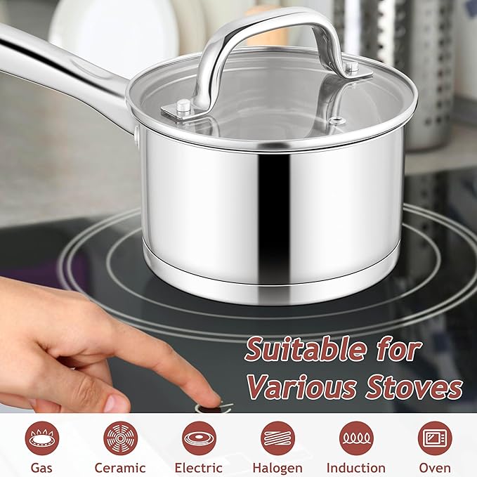 E-far 1 Quart Saucepan with Lid, Stainless Steel Small Sauce Pan Boiling Pot for Cooking, Compatible with All Stoves, Healthy & Non Toxic, Oven & Dishwasher Safe