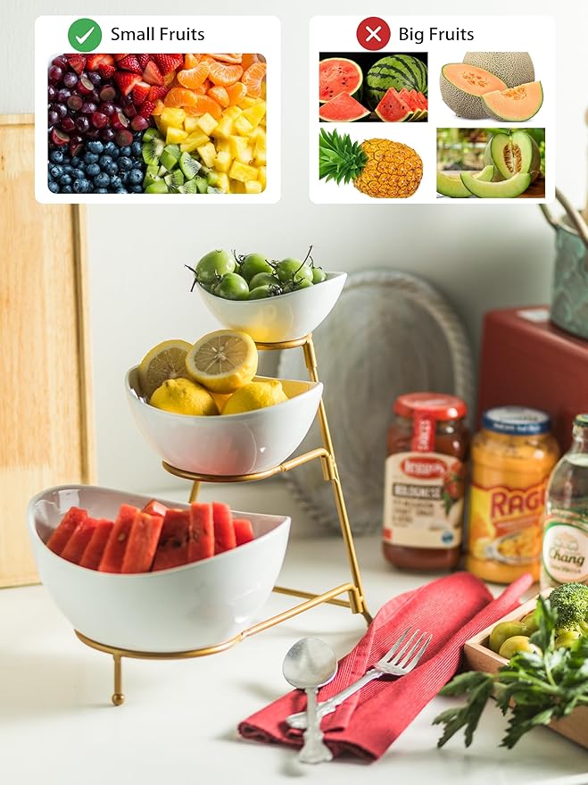 YHOSSEUN 3 Tier Serving Stand Oval Serving Bowl with Metal Rack, Tied Serving Bowls Food Display Dessert Appetizer, Chip and Dip Serving Bowl Set for Parties, Gold-45oz / 17.5oz / 7oz