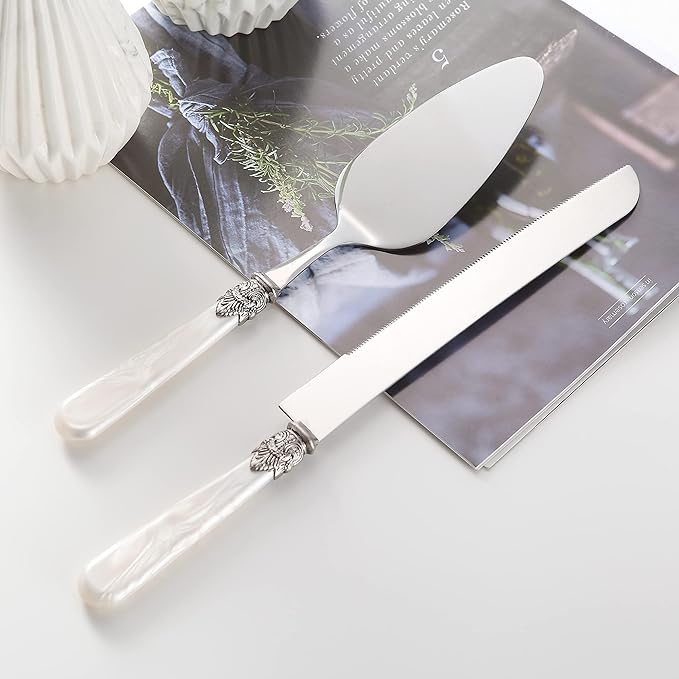 CATHYLIN Wedding Cake Knife and Serve Set, Fancy Hand Craft Italian Style Design, Pearl Pie Knife Server Set, Vintage Silverware,Cake Cutter Set, Cake Knife Gift Set, 2 pcs (White)