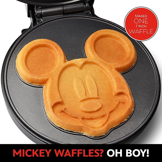 Disney Mickey Mouse 7" Round Waffle Maker by Select Brands - Premium Mickey Mouse Kitchen Appliance with Ceramic Nonstick Coating - Disney Kitchen Appliances - 7" Mickey Character Waffles