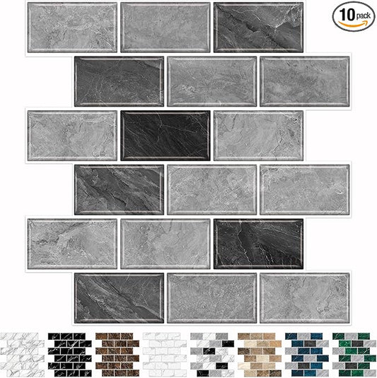 URCOLOR 10-Sheet Peel and Stick Backsplash for Kitchen,12"x12" Self Adhesive Wall Tiles Stick on Back Splashes for Bathroom Gray Marble Look