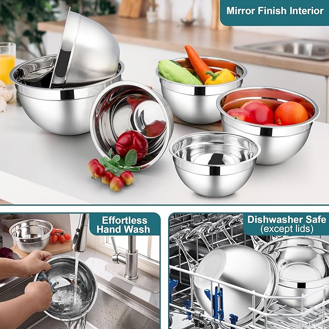 LIANYU 6 Packs Stainless Steel Mixing Bowls, Large 7, 3.5, 2.5, 2, 1.5, 1QT Size, Deep Metal Nesting Bowls Set for Baking Cooking Serving Prepping Food Storage, Include Visible Airtight Lid, Dark Blue