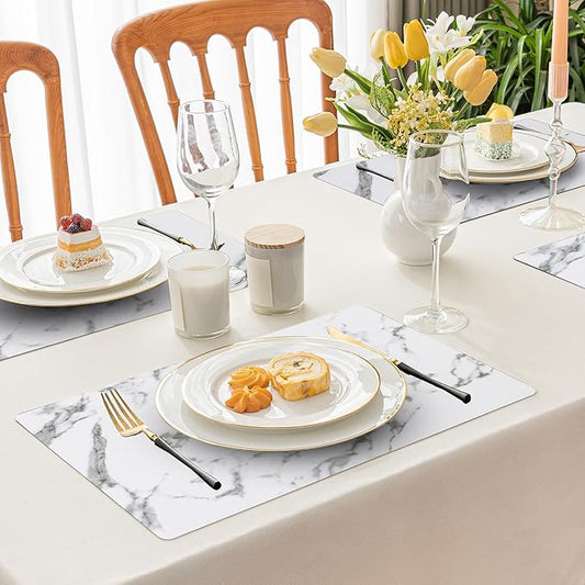 Romanstile Vinyl Placemats Set of 4-12 X 17 Inch - Heat Resistant Place Mats 100% Waterproof Oilproof Wipeable Reversible Faux Leather Table Mats for Kitchen, Dining, Party, Outdoor, Marble